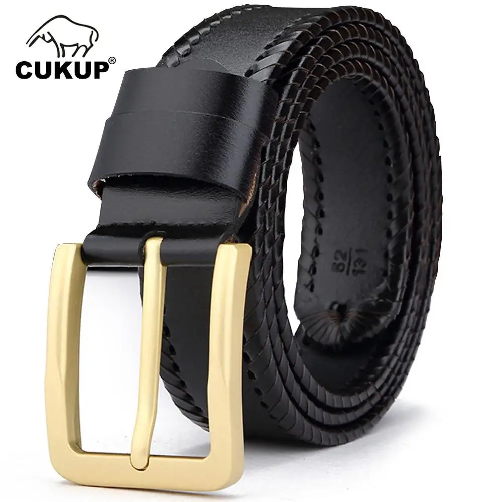 CUKUP Luxury Designer Retro Pin Buckles Men Knitted Body Cow Skin Leather Belts Casual Styles Jeans Belt Man 38mm Width NCK434