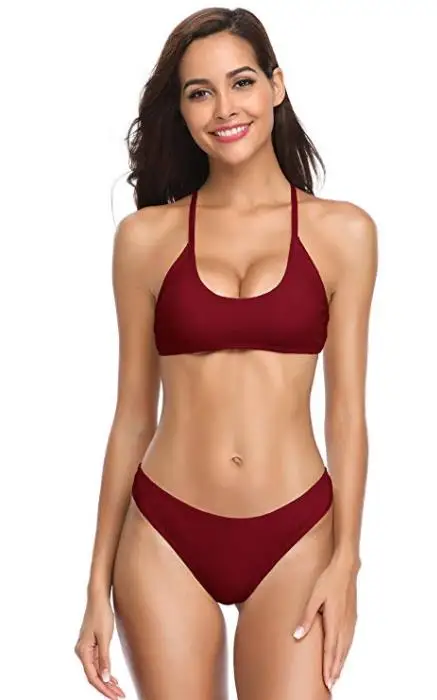 SHEKINI женский гребешок Холтер Shirred низкая талия обивка бикини из двух частей купальник пляж купальный костюм Купальники - Цвет: Wine Red