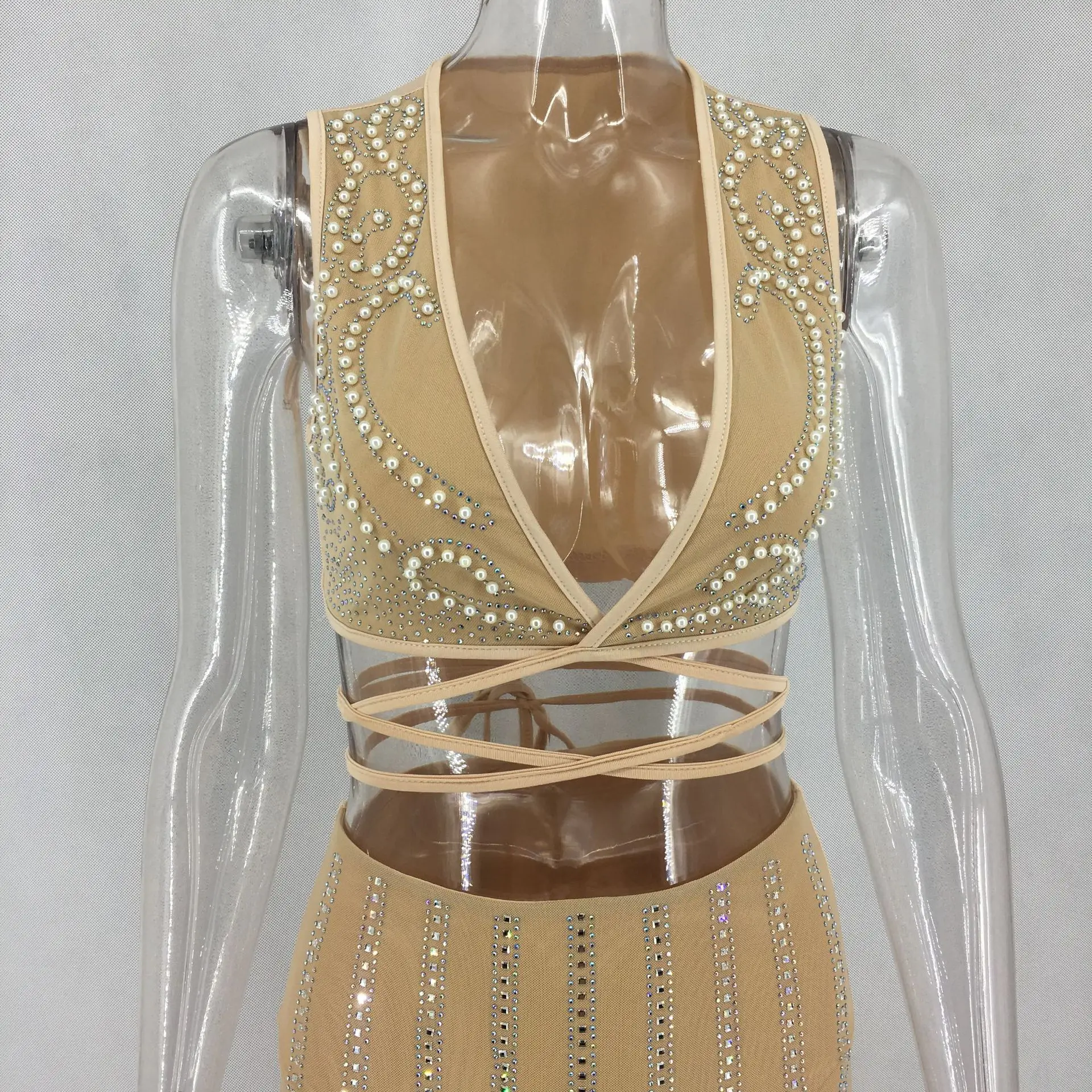 Doyerl пикантные женские жемчужные Бисер Двойка платье набор Bodycon топ с v образным