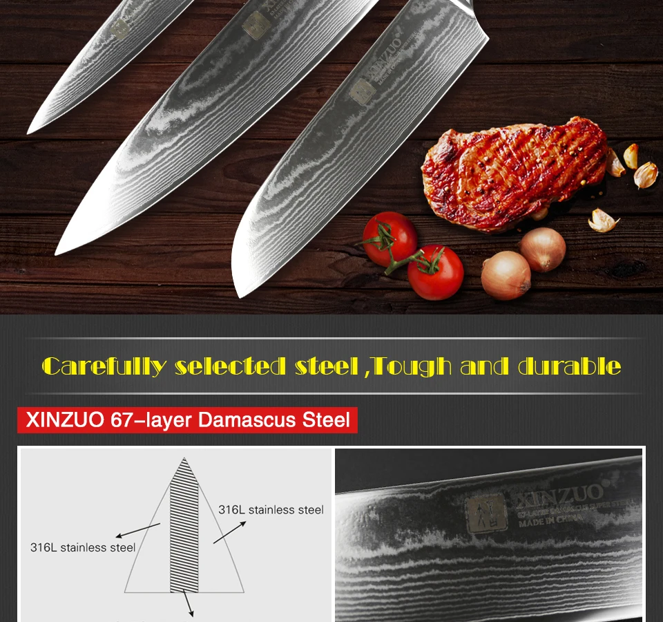 XINZUO 3 шт. набор кухонных столовых приборов японский шеф-повар Santoku Фруктовые Ножи Дамасская сталь кухонный нож Pakka Деревянная Ручка новое поступление