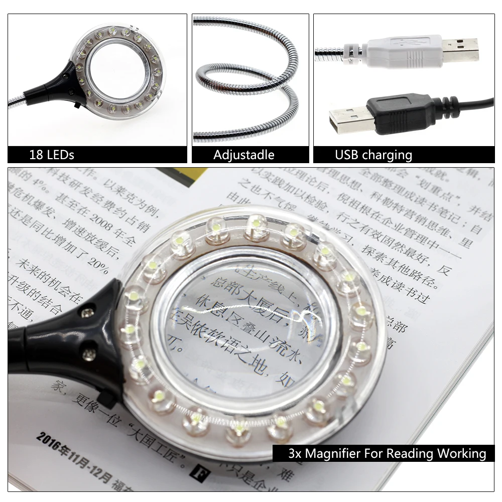 LED Reading Book Light USB with Magnifier Clip Holder for Study Work 3X Magnifying Lens Adjustable Flexible Portable Desk Lamps