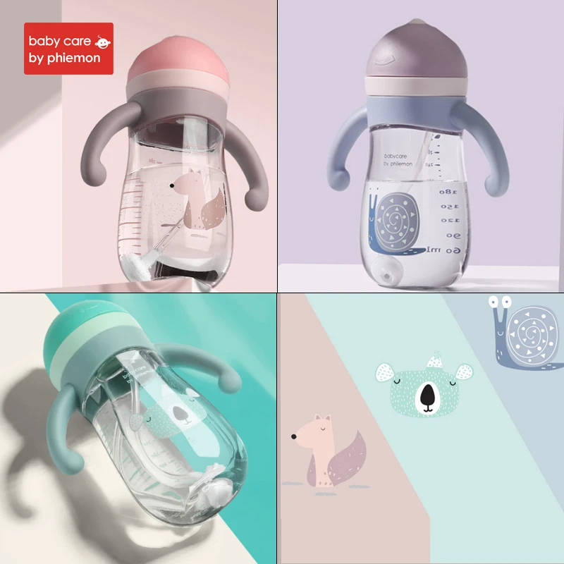 Babycare Brand Baby Water Bottle Infant Cartoon Gravity Ball Cup Soft Silicone Handle Straw Leak Proof Tritan 280ml | Мать и ребенок