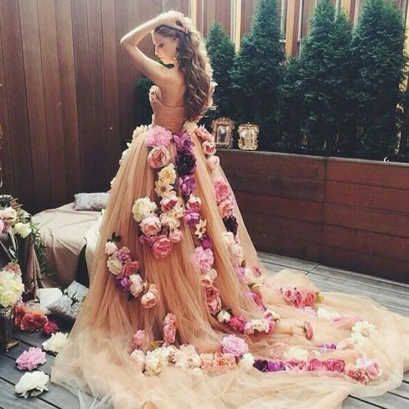 Real Princess Floral Wedding Dresses 2021 Fluffy Mesh 3D Flower Bride Dress With Long Train Champagne Sweetheart Off Shoulder | Свадьбы и