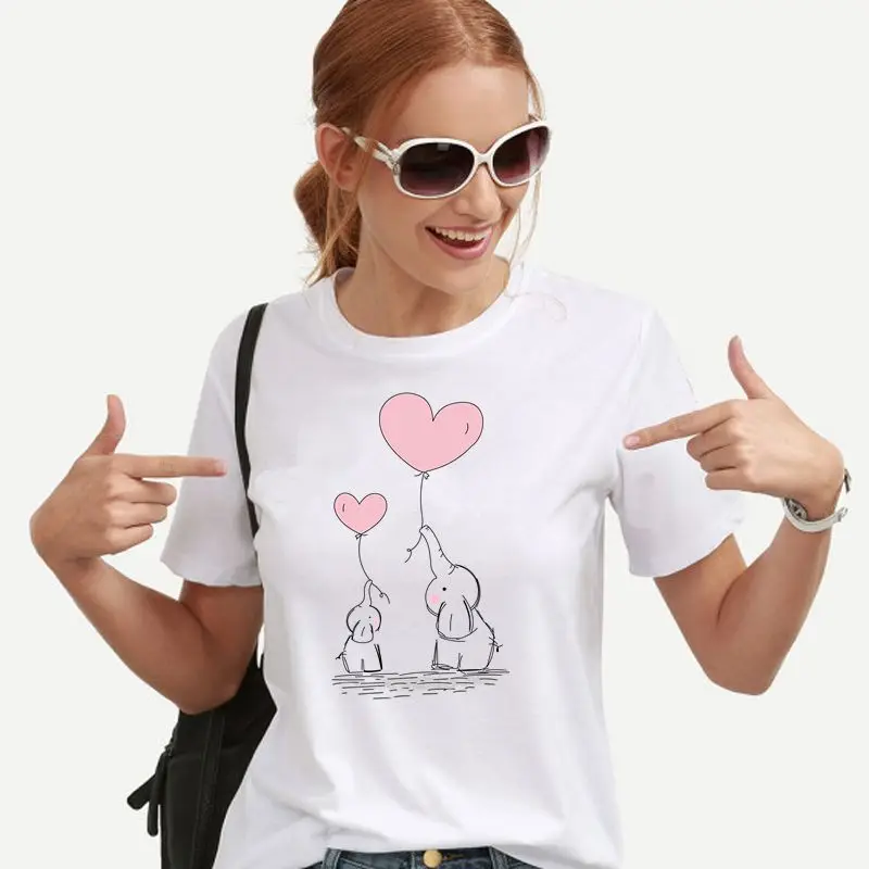 Kawaii Милая женская футболка с принтом в виде слона и воздушного шара,, летняя забавная футболка с коротким рукавом размера плюс, повседневные топы, футболки