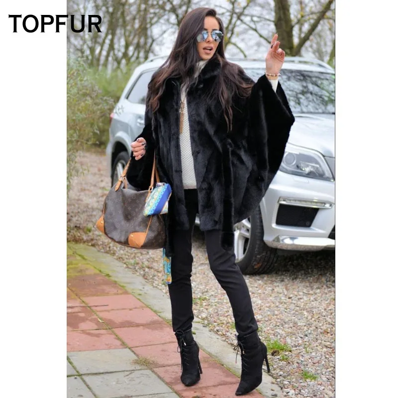 TOPFUR 2021 New Bat Type Real Mink Fur Coat Long Black Natural Mink Fur Coats Lapel With Belt Whole Skin Fur Warm Winter Outwear