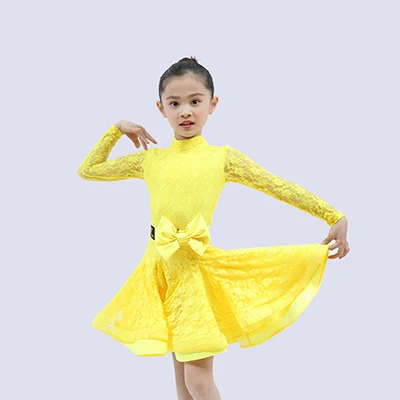yellow dress 1 Латинский платье для танцев для девочек с длинным рукавом Кружева Стандартный конкурентоспособная платья Детские бальные детские Samba одежда для танго танцевальная одежда DN5019 - Цвет: yellow dress 1