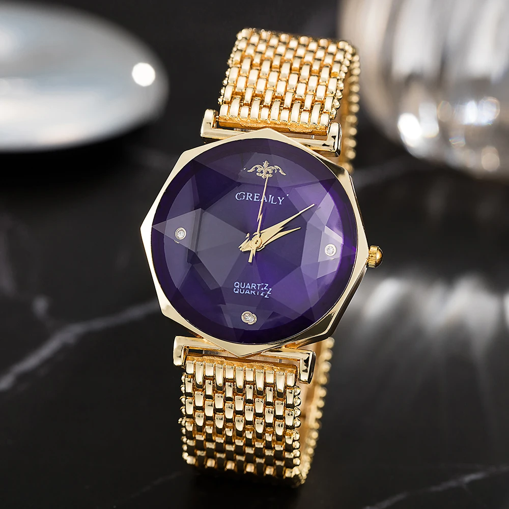 Модные золотые кварцевые часы для женщин сплав ремешок 3D стекло простое лицо - Фото №1