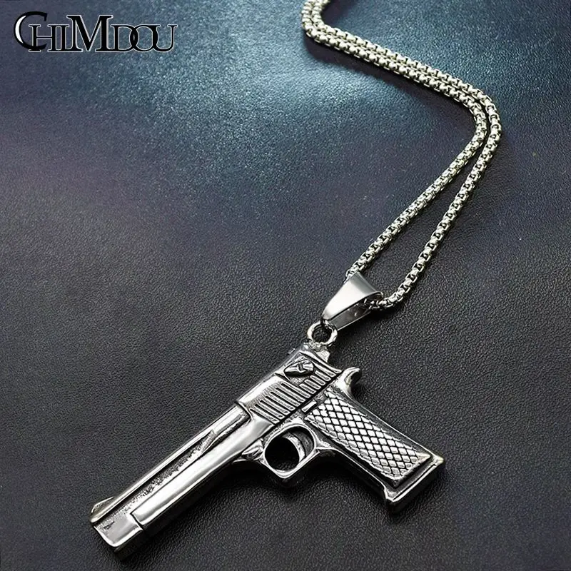 CHIMDOU punk hip hop boy man Pistol Handgun necklace men stainless steel long chain silver color colar jewelry | Украшения и