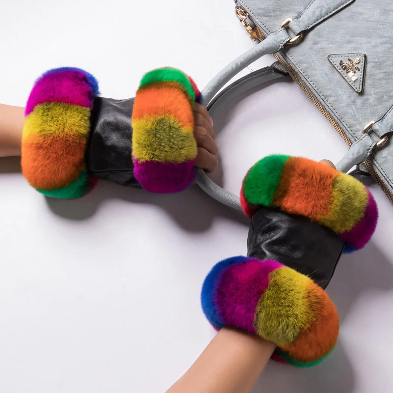 multi color Женские зимние сапоги полу митенки для пальцев шерстяные перчатки Модные теплые разных цветов яркие из натурального меха с сенсорным экраном - Цвет: multi color