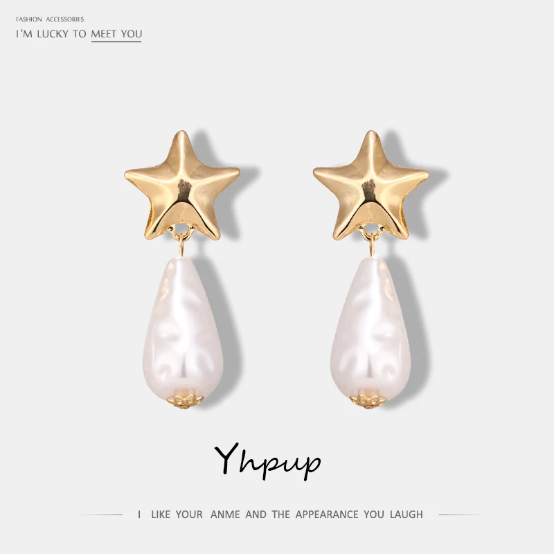 Yhpup трендовые милые Висячие серьги-клипсы с искусственным жемчугом, геометрические серьги в виде звезд, минималистичные массивные украшения для девушек, вечерние серьги, Новинка