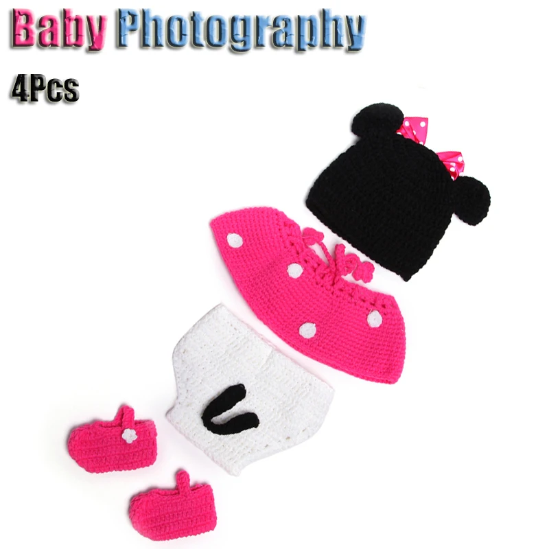 Crochet 4Pcs/Lot Baby Clothing Cartoon Little Mouse 0-3 Months Newborn Photography Props Baby Hat Accessories Adorable Outfits