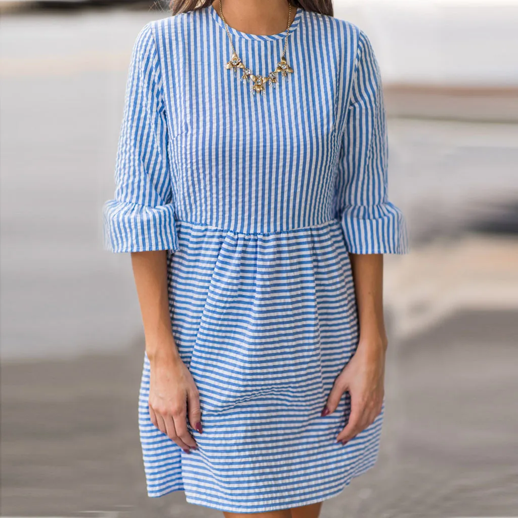 Женское летнее платье с круглым вырезом в полоску на молнии свободные