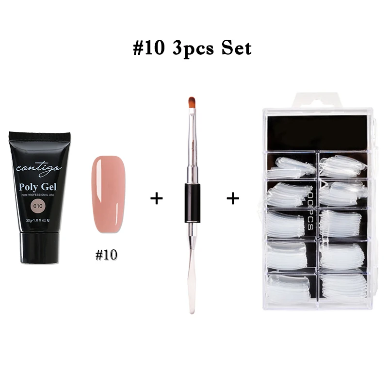10-3pcs Набор из полигеля Contigo для наращивания ногтей, полигель, 10 цветов, набор УФ-акриловых гелей для ногтей, резиновая основа и верхнее покрытие для дизайна ногтей, решение для скольжения - Цвет: 10-3pcs