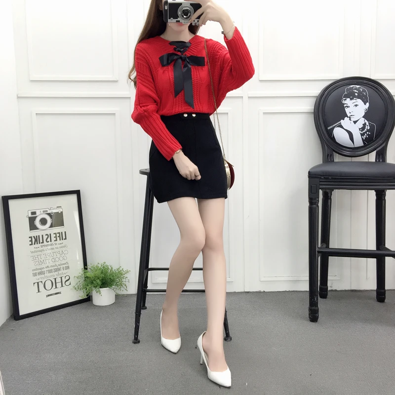 

new winter woolen cloth skirt korean fashion suits skirts bowknot sweater two-piece women clothing set knitwear o neck blouse