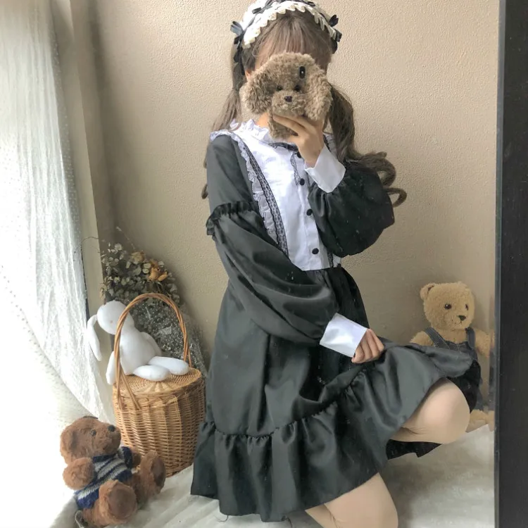 Для женщин платья для Винтаж Дамы Kawaii Ulzzang цвет блок с длинным рукавом милое