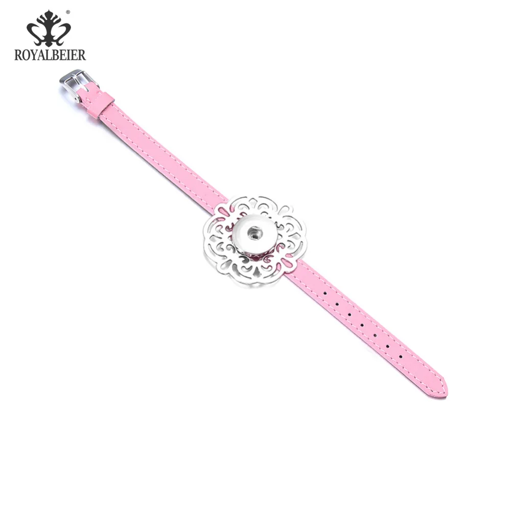 

Hot Sale 1pc Genuine Leather Bracelet Fit 18/20mm Snap Button Adjustable Openwork Flower Women Retro Size Bracelet SZ0521