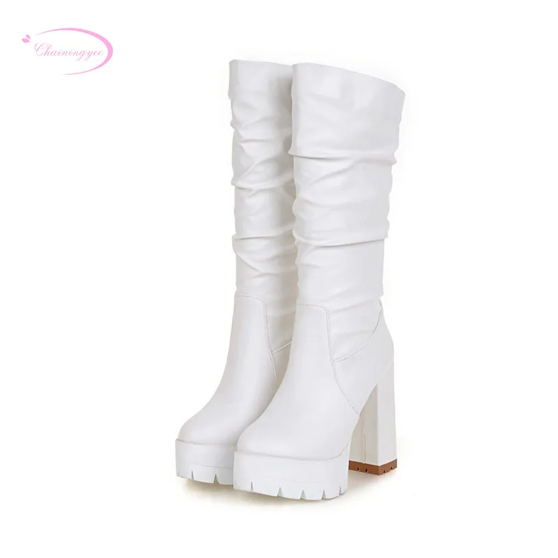 Chainingyee leisure style round toe mid-calf boots slip pleated platform white pink blue black high-heeled women's riding boots