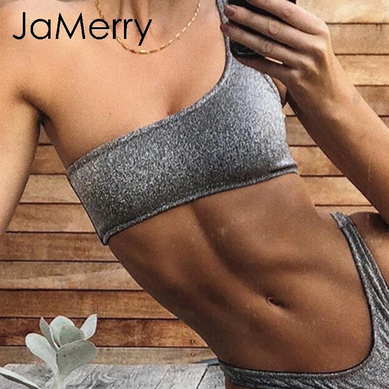 Бикини на одно плечо 2019 Новый Блестящий Купальник бандо женский пуш ап купальник