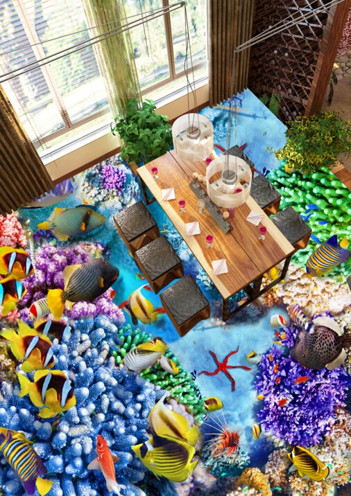 

[Самоклеющиеся] 3D кораллы морская рыба 4 Нескользящие водонепроницаемые фото самоклеющиеся напольные настенные стикеры обои фрески настен...