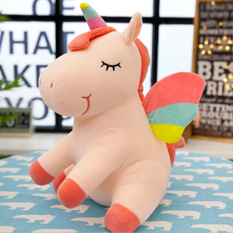Прекрасный сидящий единорог с красочными крыльями плюшевая подушка кукла