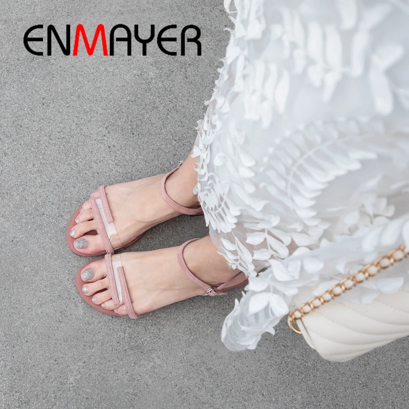 

ENMAYER 2019 New Arrival Women Med High Kid Suede Shoes Basic Office Buckle Strap Summer Fashion Sandals Size 34-40 LY2065