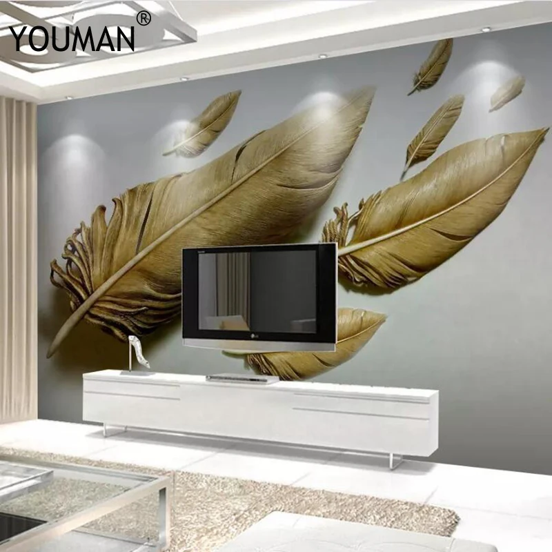 Обои YOUMAN на заказ фото обои живопись 3D рельефные золотые перья фон настенная