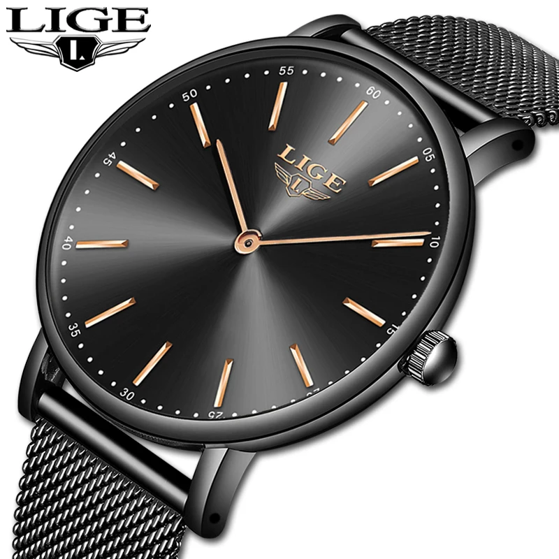 

LIGE Fashion Luxury Black Women Watches 2021 High Quality Ultra thin Quartz Watch Woman Dress Elegant Ladies Watch Monta