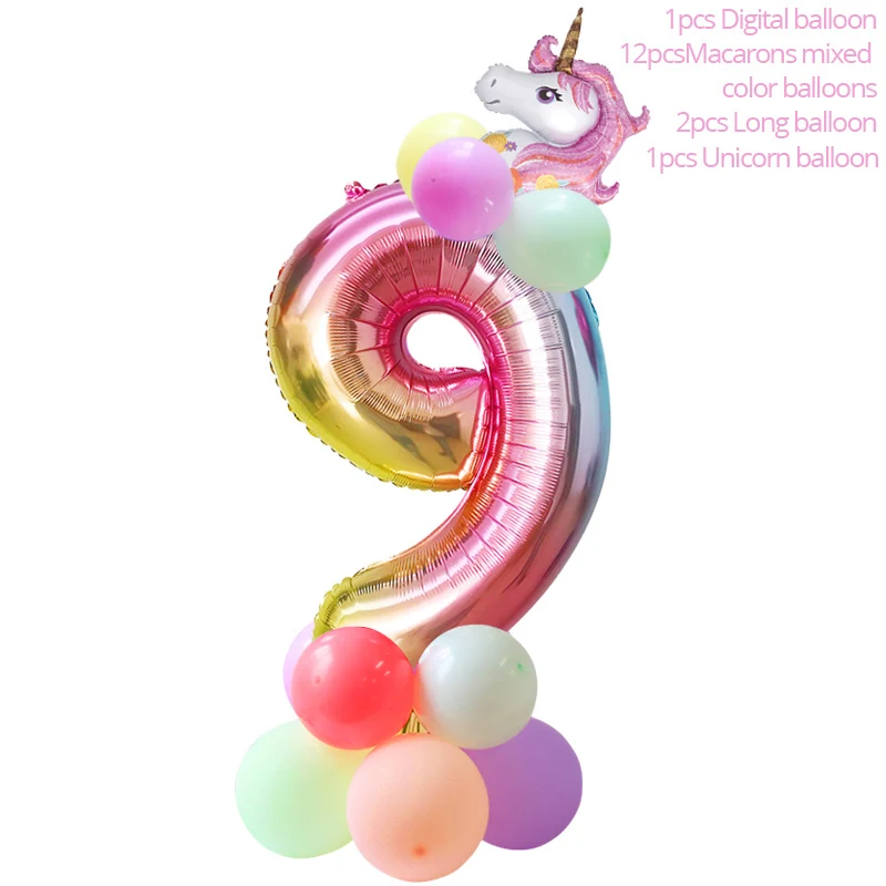 16pcs Balloon Set 9 Единорог с днем рождения баннер Радуга Единорог фольга номер шар колонна Дети День Рождения Вечеринка украшения детский душ украшения - Цвет: 16pcs Balloon Set 9