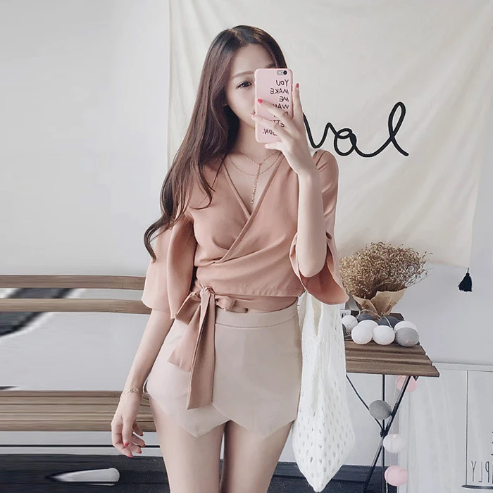 new fashion brand summer style Women's Clothing Blouses sexy crop top v-neck chiffon Shirts Bow Bandages Female solid tops | Женская