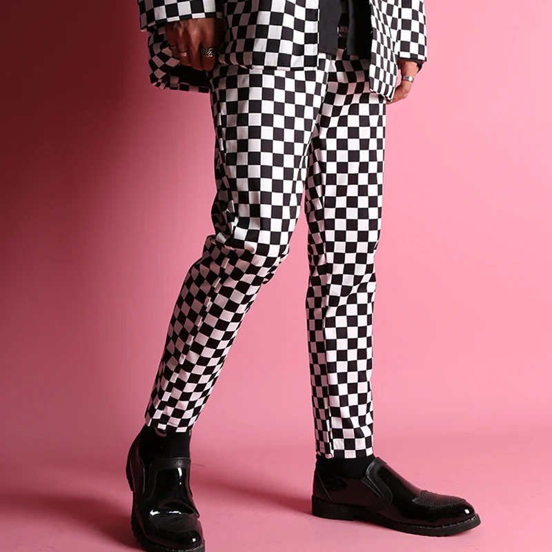 Мужской повседневный костюм в черно белую клетку уличная мода свободный блейзер