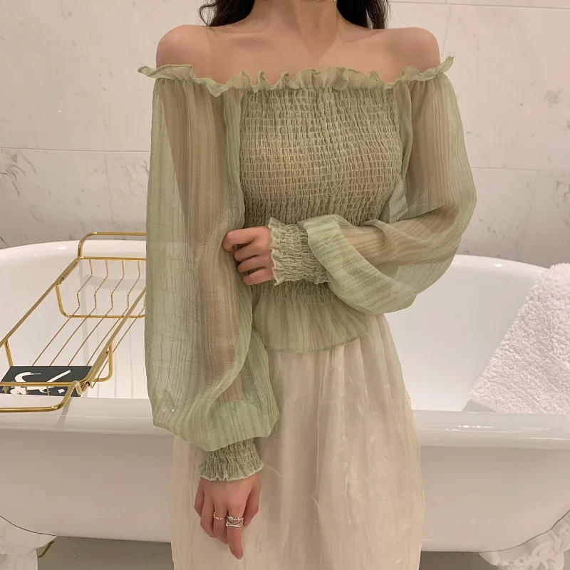 Блузка женская шифоновая на пуговицах однотонный топ с воротником лодочкой и