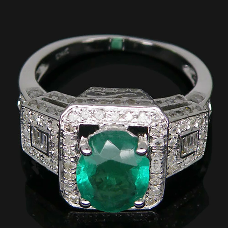 Loverjewelry, кольцо для женщин, стиль, винтажное, овальной огранки, одноцветное, 14 к, белое золото, бриллиант, обручение, натуральный изумруд, Женское кольцо, ювелирное изделие