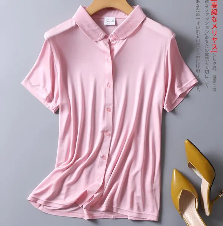 pink Женская 50% шелк 50% вискоза трикотажная рубашка с коротким рукавом и отложным воротником футболки Топ M-2XL SG318 - Цвет: pink