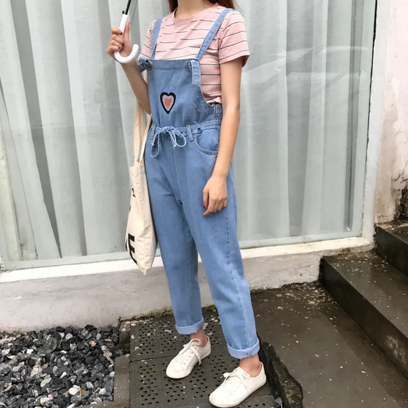 2018 Женская одежда с вышитыми сердечками потертые джинсовые комбинезоны женские