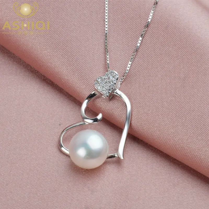 8mm White Pearl ASHIQI 925 Серебряная подвеска-Сердце ожерелье натуральный пресноводный жемчуг для женщин цепочка ювелирные изделия подарок - Цвет камня: 8mm White Pearl
