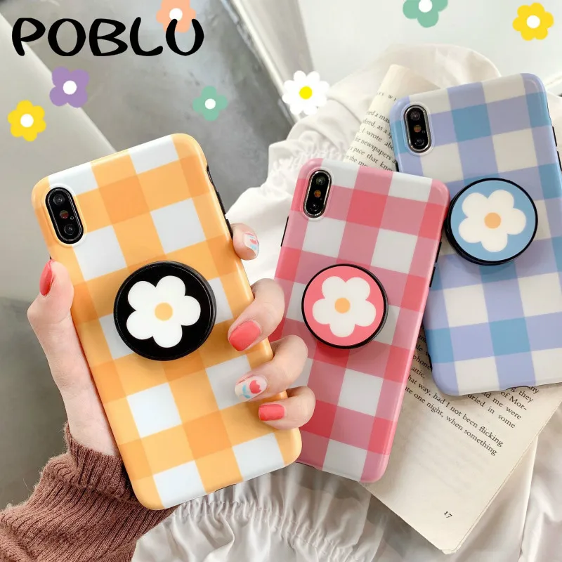 POBLU Cute Flower Floral Case For iphone XR XS Max Fashion Lattice Kickstand TPU Soft Back Phone Cover 6s 7 8 Plus |