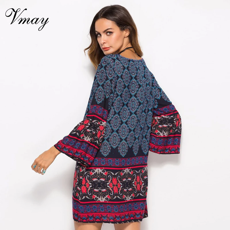 Vmay Для женщин Винтаж Boho Стиль Мини платья Новое поступление запястья рукава v