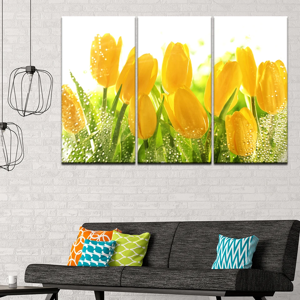 

Modern Home Decor Living Room Wall Art Painting Modular 3 Panel Yellows Tulip Pictures HD Printed Canvas Framed Poster Artwork