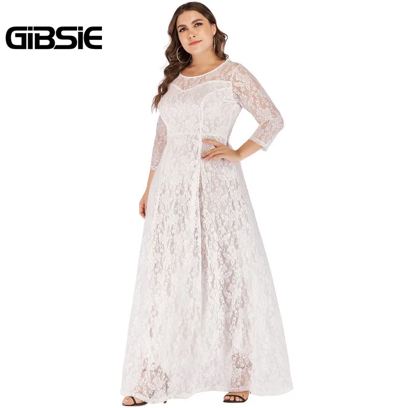 Белый GIBSIE женское элегантное кружевное вечернее платье 6XL 5XL 4XL с круглым вырезом и рукавом 3/4, длинное платье макси размера плюс, женская одежда - Цвет: Белый