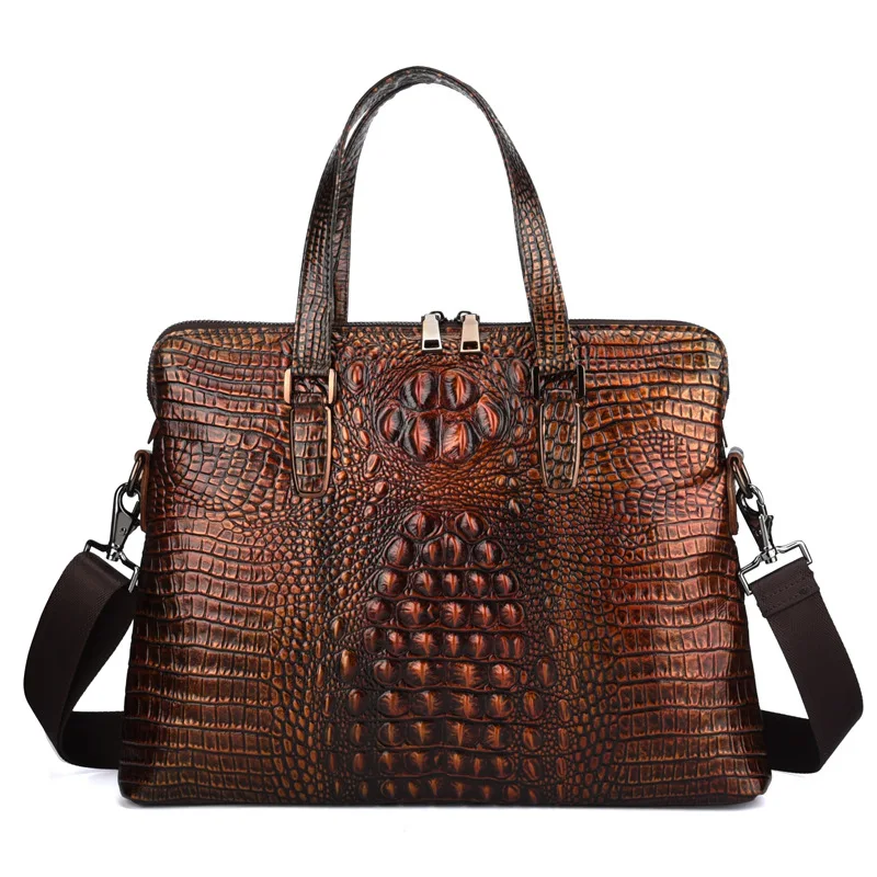 Мужской портфель из натуральной кожи с ручками сверху и тиснением под