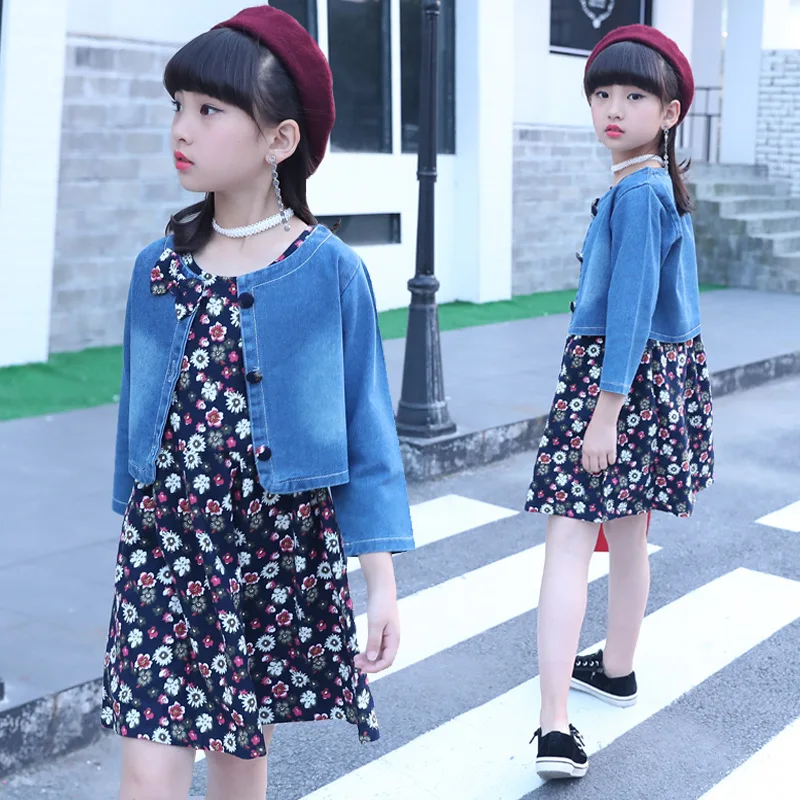 Комплекты детской одежды для девочек платье с принтом и джинсовые пальто костюмы