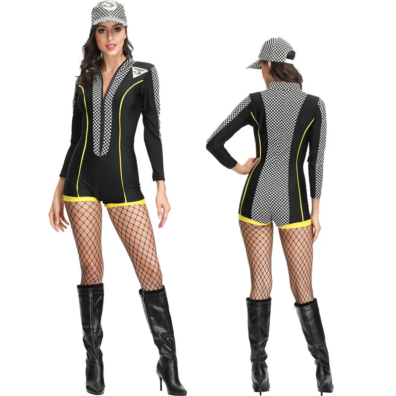 Black Sexy Plaid Super Race Car Driver Sport Short Jumpsuit Costume Long Sleeves Racing Girl Cheerleader Costume Uniform And Hat