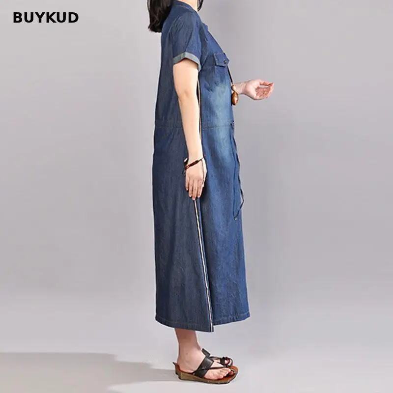 BUYKUD Для женщин Однобортный завязки Изделие из хлопка с короткими рукавами платье