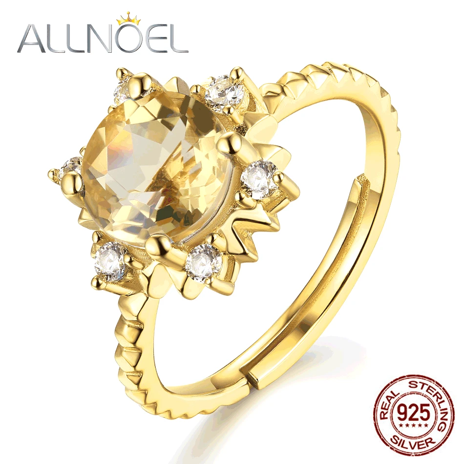 ALLNOEL, 925 пробы Серебряное кольцо с драгоценным камнем для женщин, Натуральный топаз, розовый кварц, цитрин, золотые кольца, подсолнечник, хорошее ювелирное изделие