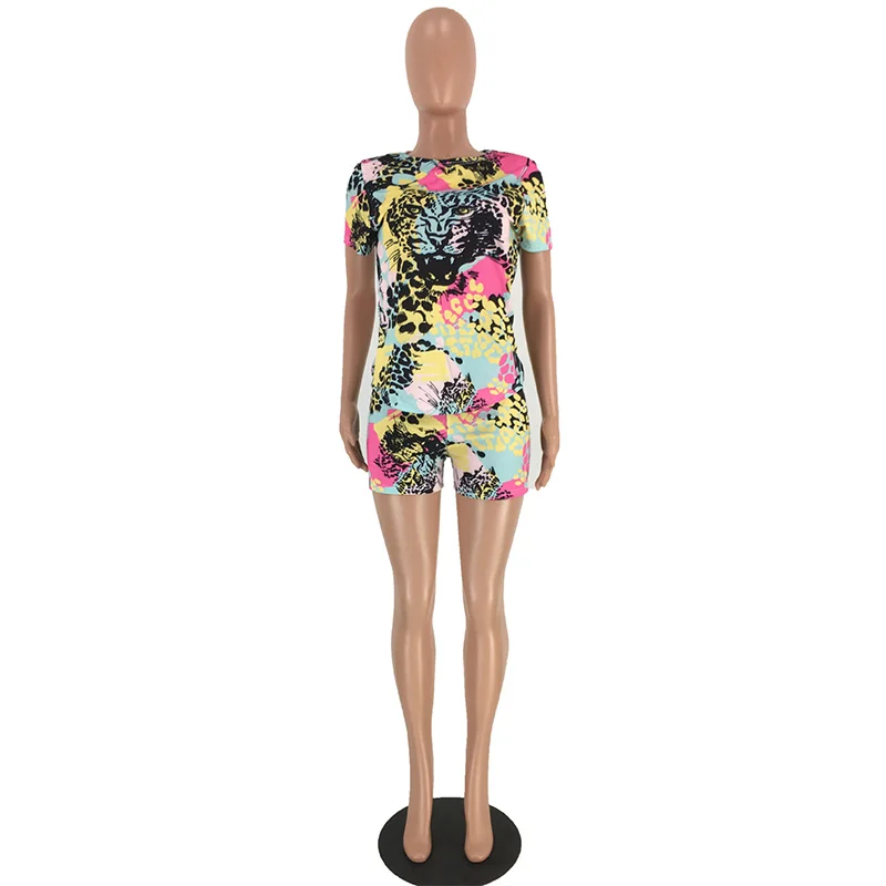 

Animal Print Harajuku 2 Piece Matching Set Women Festival Clothes O Neck Short Sleeve T-Shirt+Biker Shorts Casual Two Piece Suit