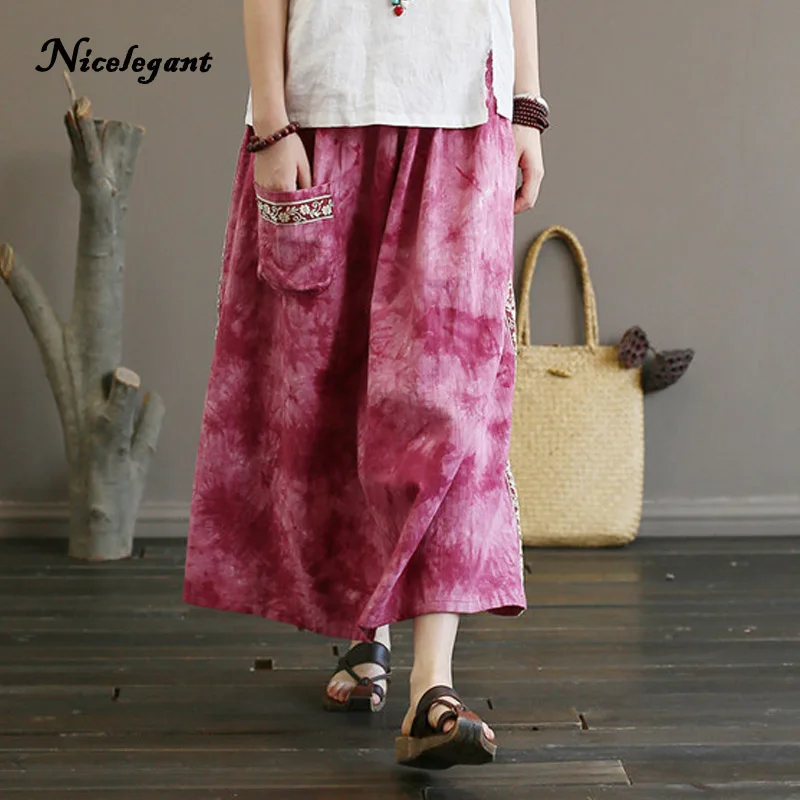 Nicelegant Vintage Art Tie Dye Long Skirt Women Cotton Summer Chinese Style Loose Tibetan Embroidery Female Split | Женская одежда