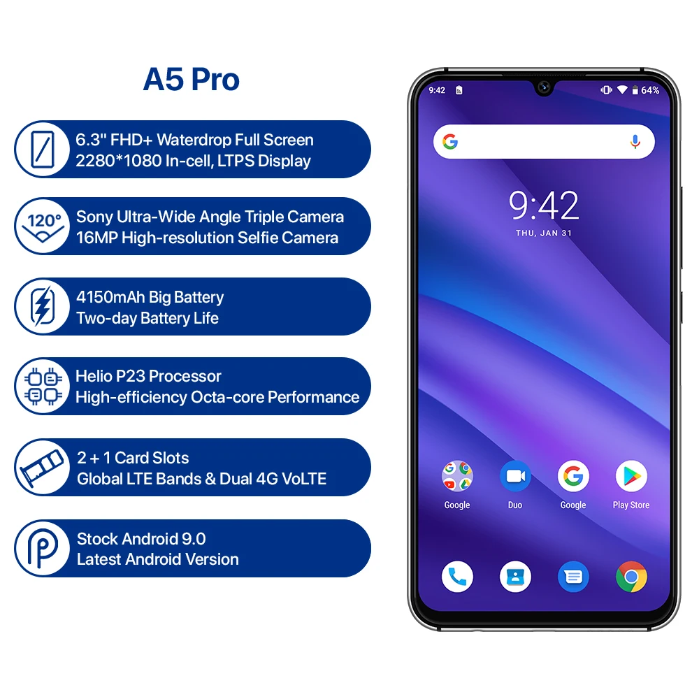 UMIDIGI A5 PRO Android 9 0 глобальная камера 16 МП четыре ядра FHD экран 6 3 дюйма + капля воды 4150