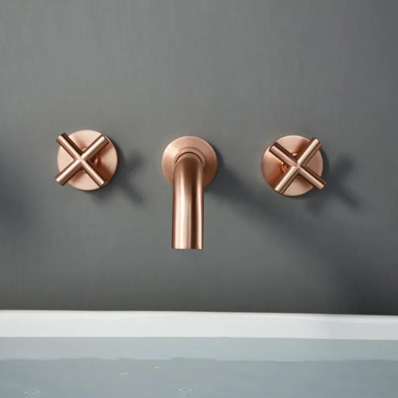 

Modern Brushed Rose Gold Brass Double Cross Handle Bath Wall Mounted 3 Hole Water Bathroom Home Sink Faucet Hot Cold Tap In-Wall