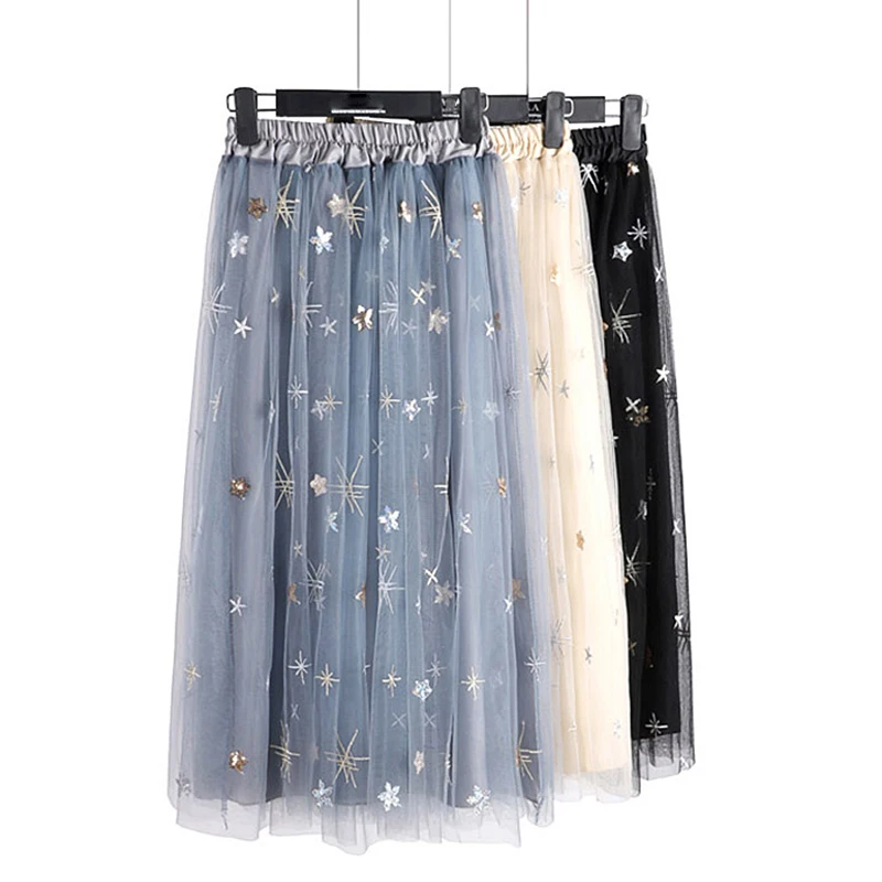 Тюлевая юбка с блестками и вышивкой весенне-летняя черная эластичная юбка-пачка