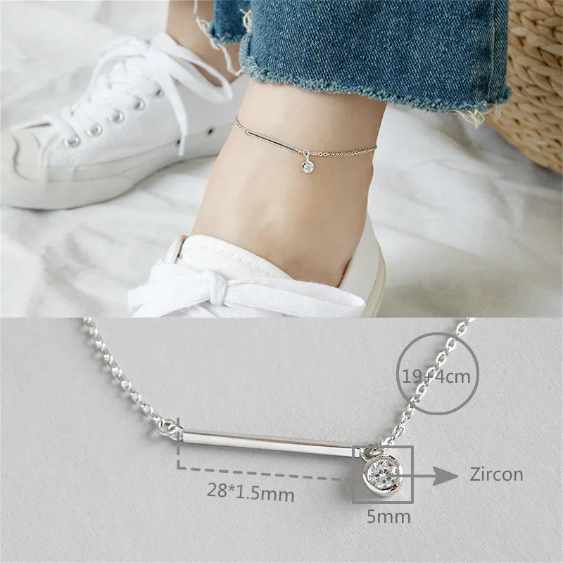 

Flyleaf 925 Sterling Silver Anklets For Women Simple Long round cubic zirconia fashion chain Ankle Leg Fine Jewelry Enkelbandje